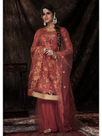 Myra Dark Orange Net Embroidered Sharara Suit | Grocsy