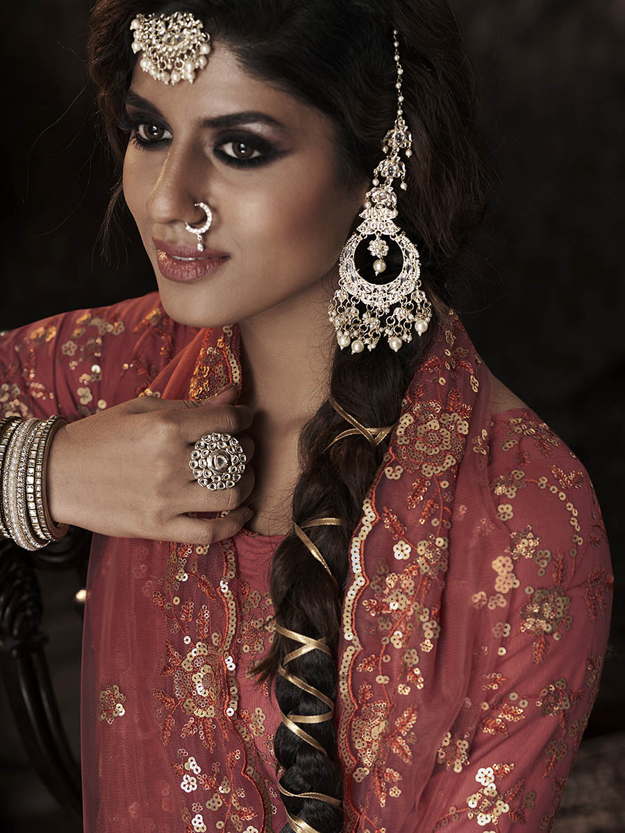 Myra Dark Orange Net Embroidered Sharara Suit | Grocsy