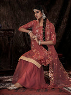 Myra Dark Orange Net Embroidered Sharara Suit | Grocsy