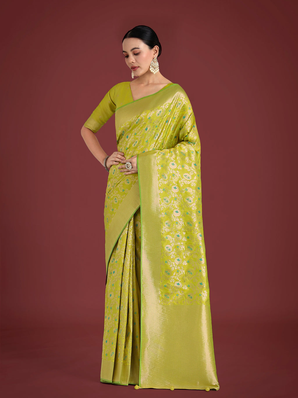 Monjolika Fashion Banarasi Silk Parrot Green Zaal Pattern Traditional Saree | Grocsy