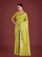 Monjolika Fashion Banarasi Silk Parrot Green Zaal Pattern Traditional Saree | Grocsy