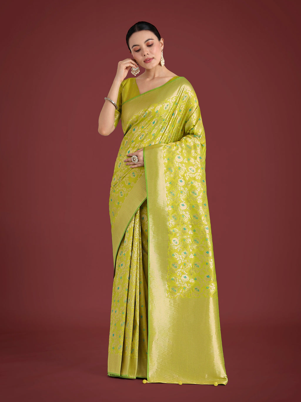 Monjolika Fashion Banarasi Silk Parrot Green Zaal Pattern Traditional Saree | Grocsy