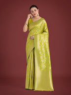 Monjolika Fashion Banarasi Silk Parrot Green Zaal Pattern Traditional Saree | Grocsy
