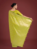 Monjolika Fashion Banarasi Silk Parrot Green Zaal Pattern Traditional Saree | Grocsy