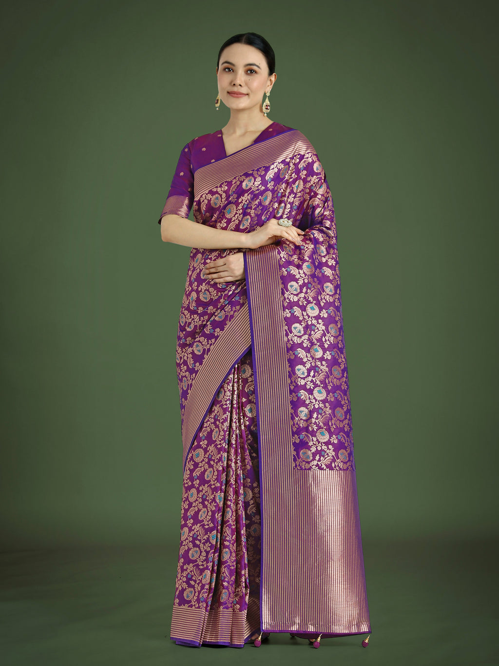 Monjolika Fashion Banarasi Silk Purple Zaal Pattern Traditional Saree | Grocsy
