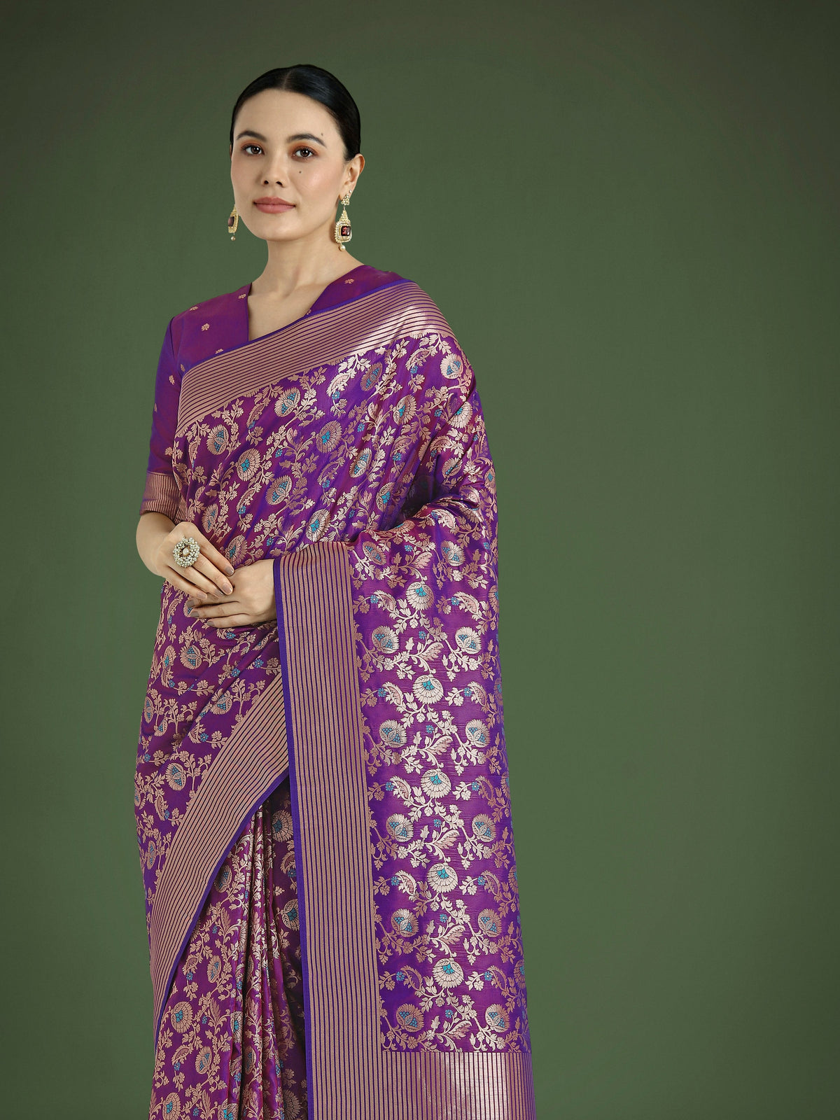 Monjolika Fashion Banarasi Silk Purple Zaal Pattern Traditional Saree | Grocsy