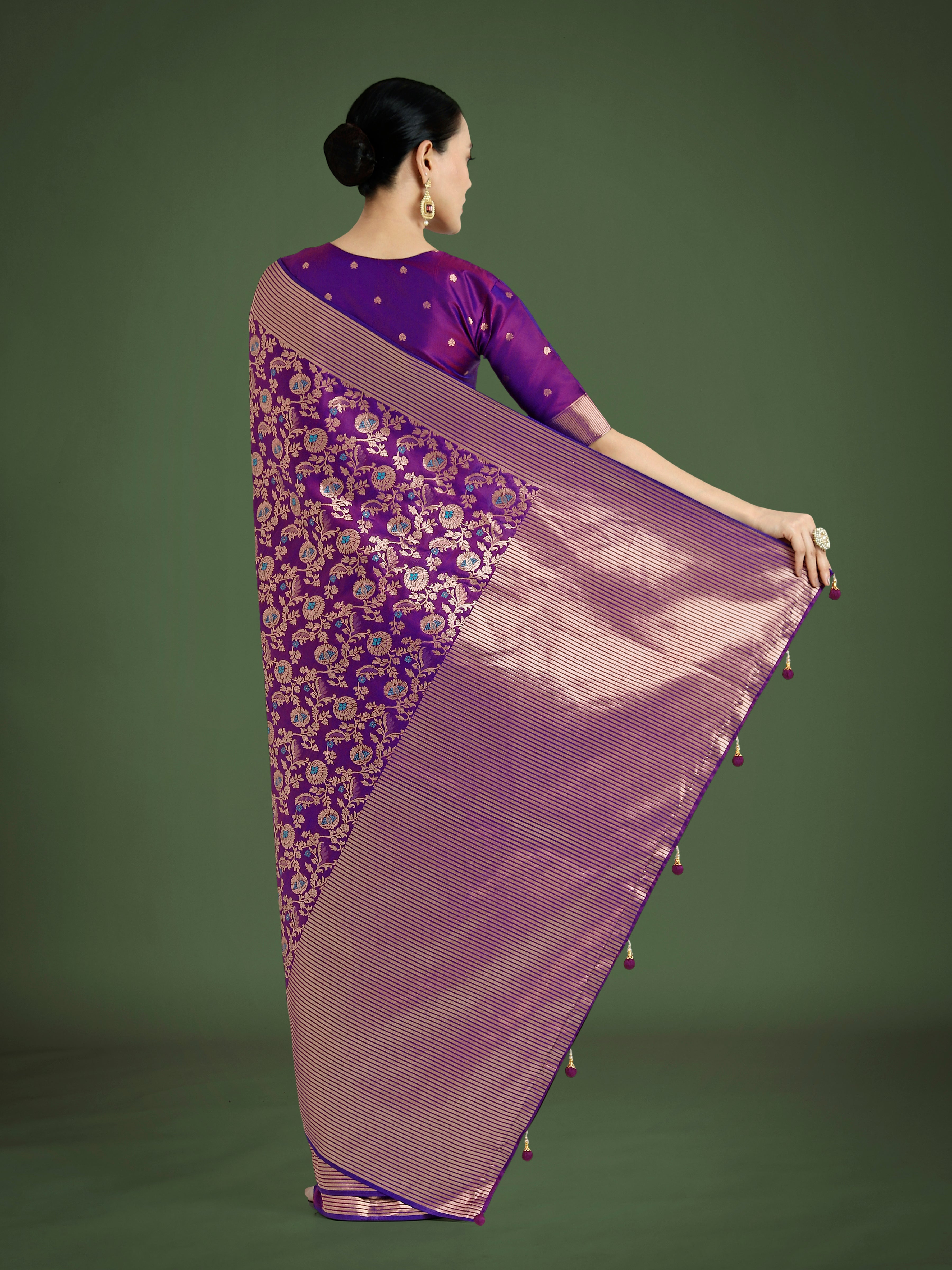 Monjolika Fashion Banarasi Silk Purple Zaal Pattern Traditional Saree | Grocsy