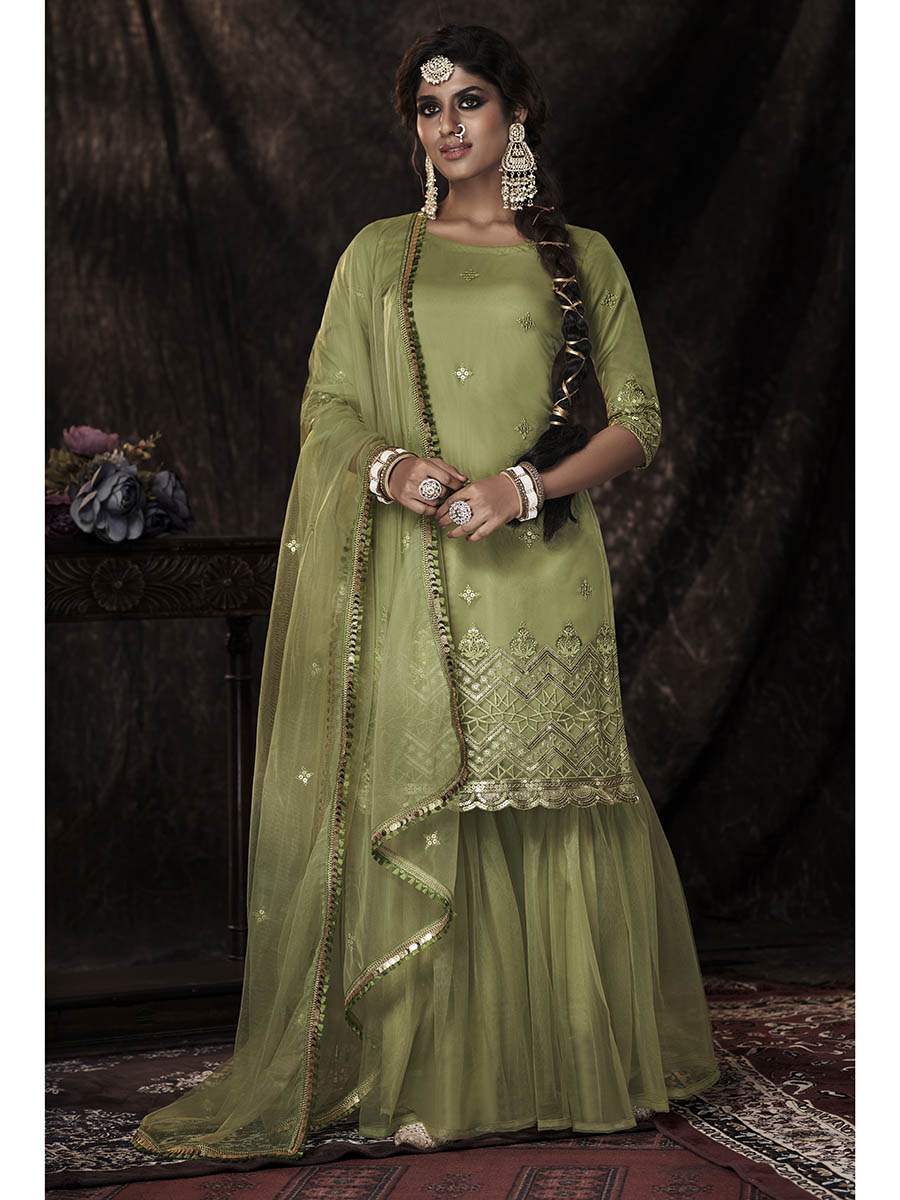 Myra Parrot Net Embroidered Sharara Suit | Grocsy