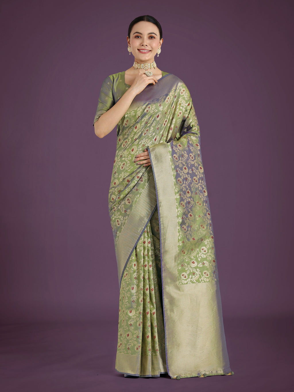 Monjolika Fashion Banarasi Silk Olive Zaal Pattern Traditional Saree | Grocsy
