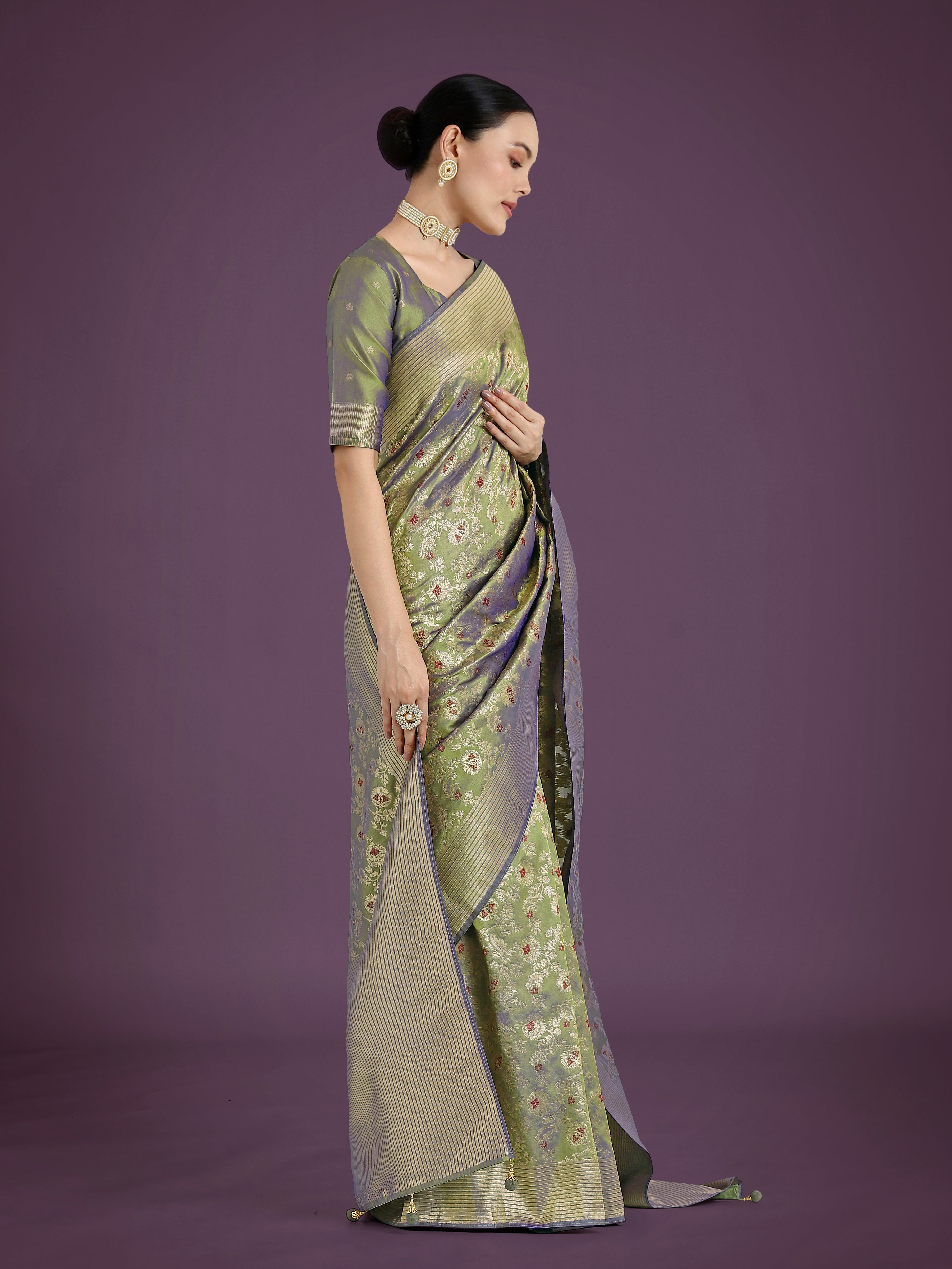 Monjolika Fashion Banarasi Silk Olive Zaal Pattern Traditional Saree | Grocsy