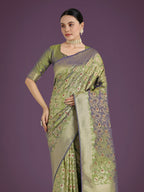 Monjolika Fashion Banarasi Silk Olive Zaal Pattern Traditional Saree | Grocsy
