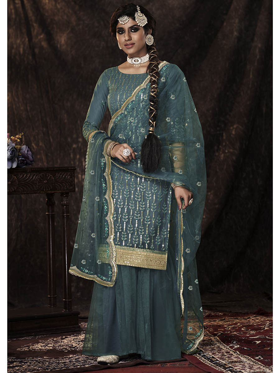 Myra Dark Firozi Net Embroidered Sharara Suit | Grocsy