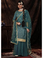 Myra Dark Firozi Net Embroidered Sharara Suit | Grocsy