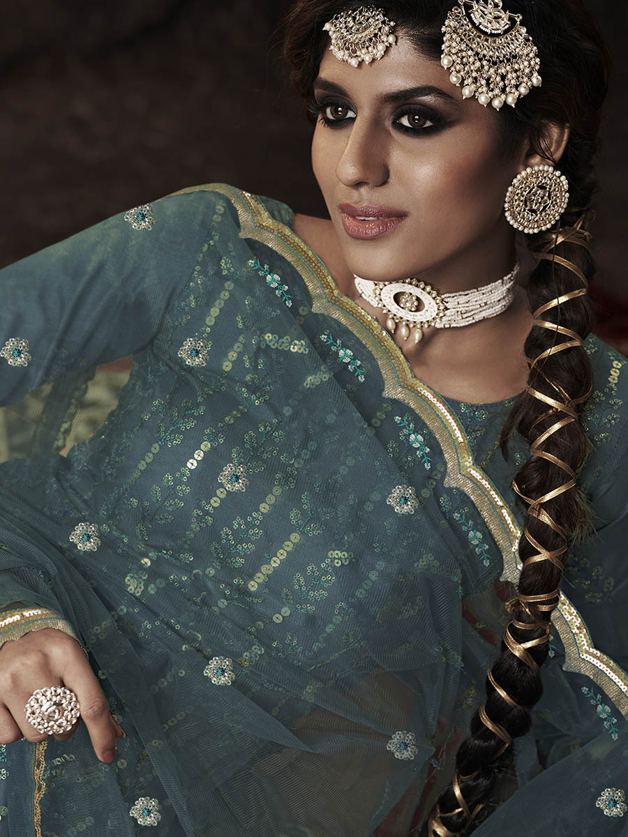 Myra Dark Firozi Net Embroidered Sharara Suit | Grocsy