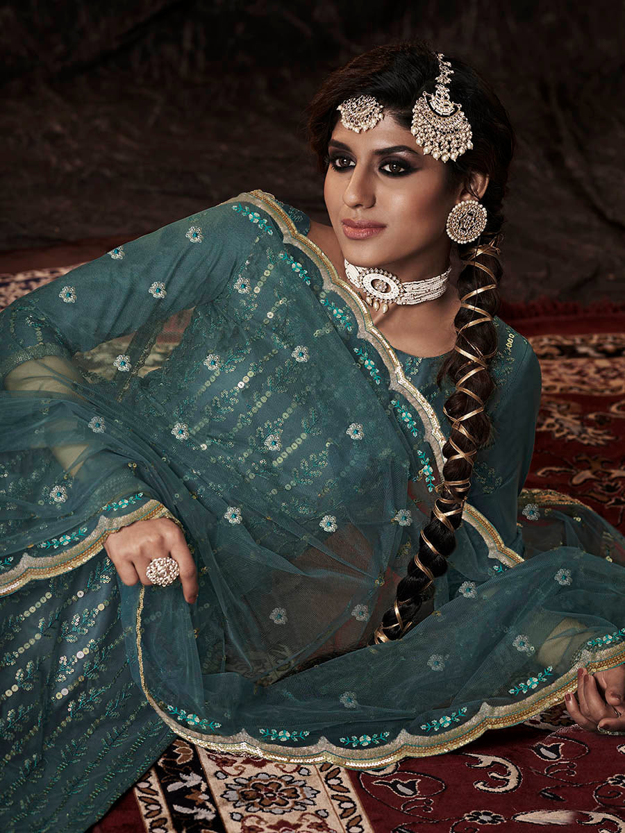 Myra Dark Firozi Net Embroidered Sharara Suit | Grocsy