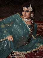 Myra Dark Firozi Net Embroidered Sharara Suit | Grocsy
