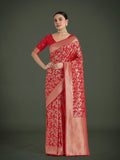 Monjolika Fashion Banarasi Silk Red Zaal Pattern Traditional Saree | Grocsy
