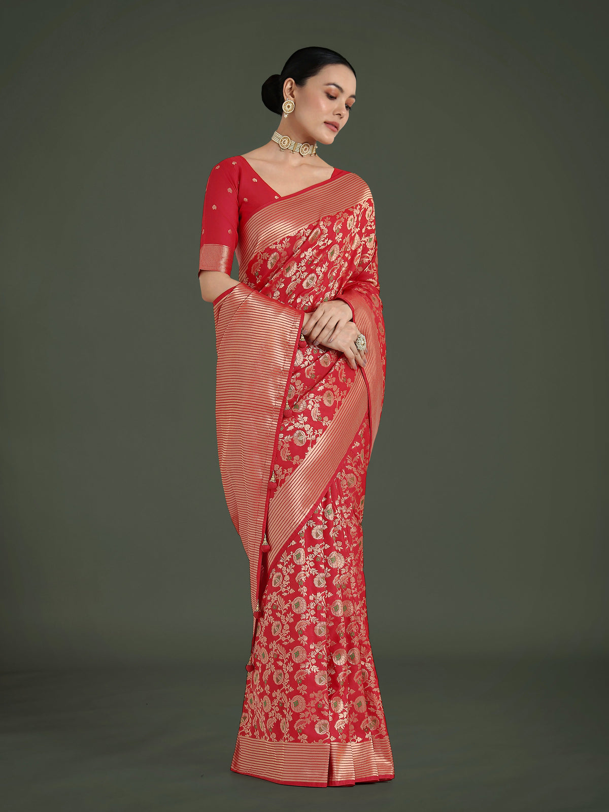 Monjolika Fashion Banarasi Silk Red Zaal Pattern Traditional Saree | Grocsy