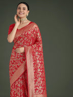 Monjolika Fashion Banarasi Silk Red Zaal Pattern Traditional Saree | Grocsy