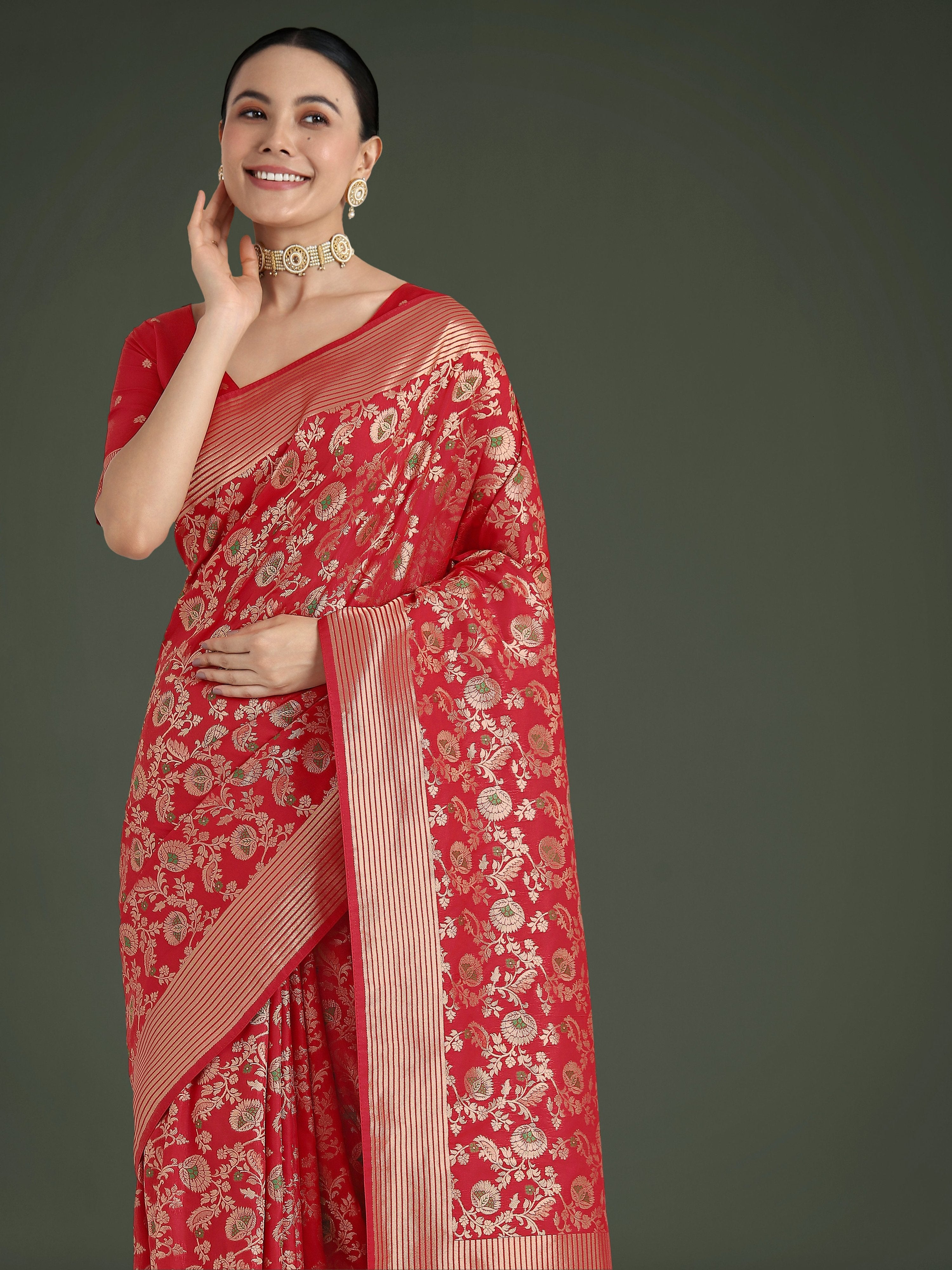 Monjolika Fashion Banarasi Silk Red Zaal Pattern Traditional Saree | Grocsy