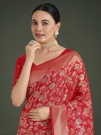 Monjolika Fashion Banarasi Silk Red Zaal Pattern Traditional Saree | Grocsy