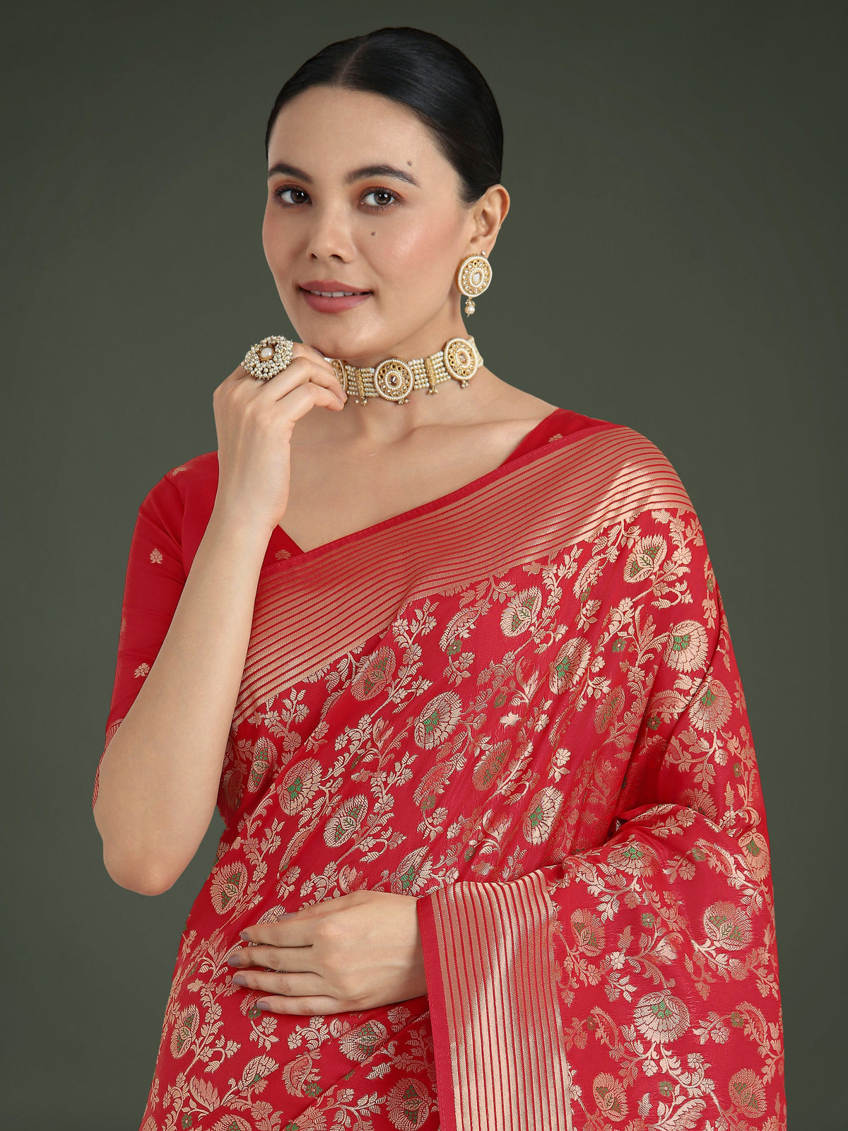 Monjolika Fashion Banarasi Silk Red Zaal Pattern Traditional Saree | Grocsy