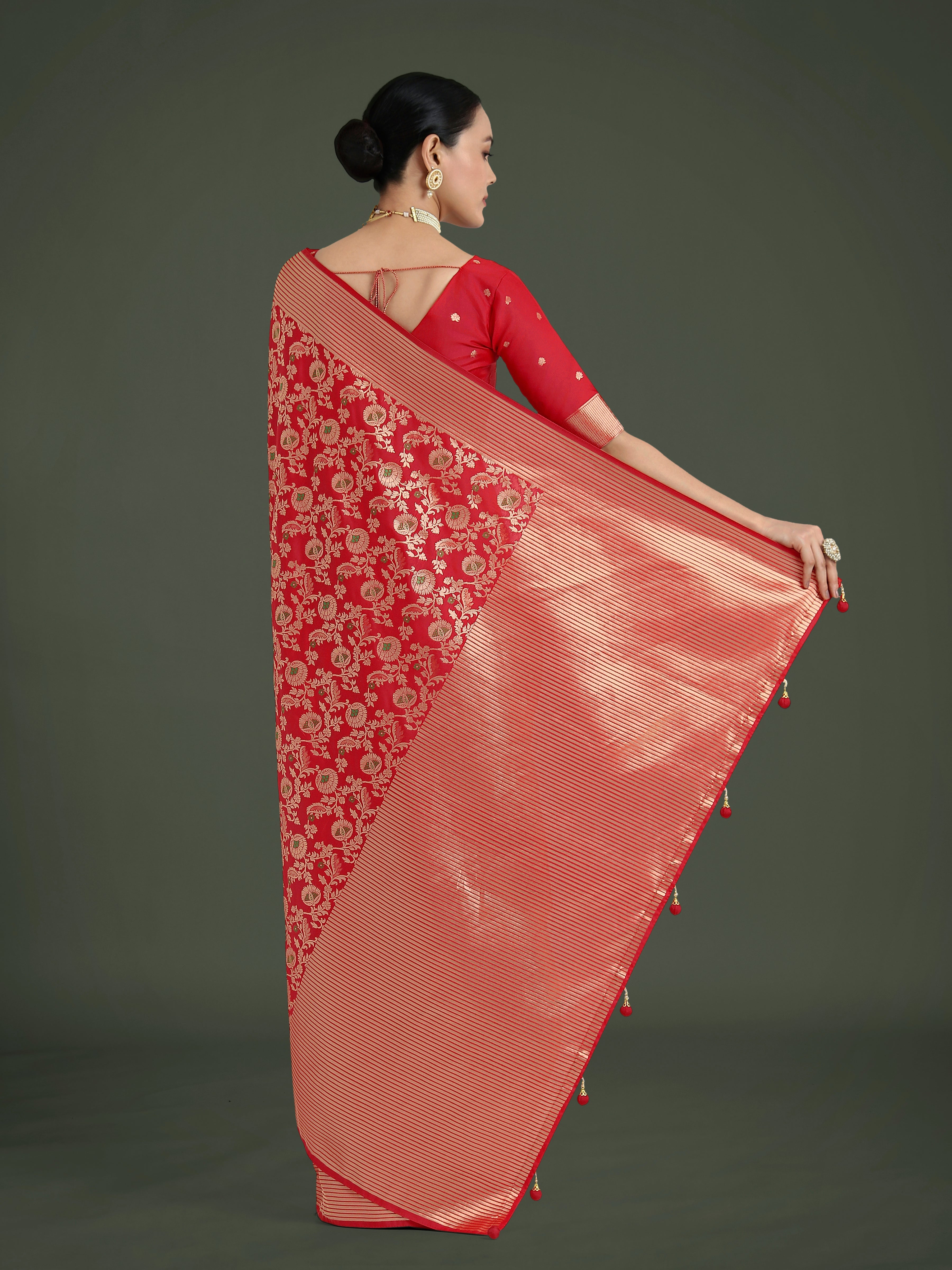 Monjolika Fashion Banarasi Silk Red Zaal Pattern Traditional Saree | Grocsy