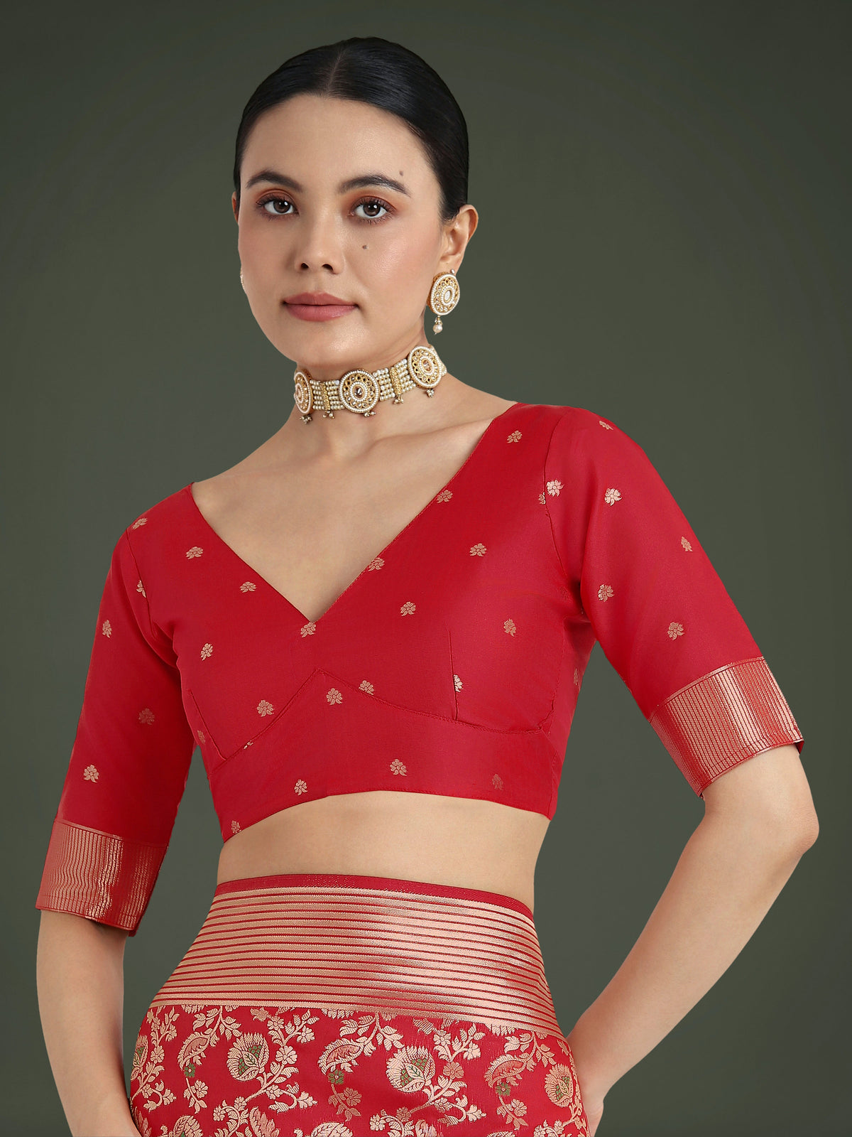 Monjolika Fashion Banarasi Silk Red Zaal Pattern Traditional Saree | Grocsy