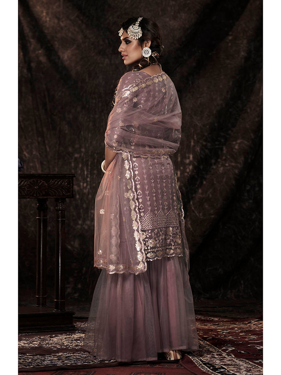 Myra Lilac Net Embroidered Sharara Suit | Grocsy