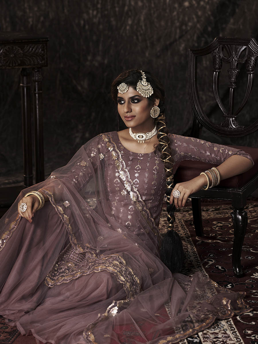 Myra Lilac Net Embroidered Sharara Suit | Grocsy