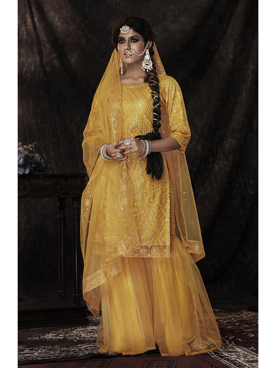 Myra Mustard Net Embroidered Sharara Suit | Grocsy