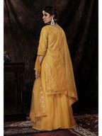 Myra Mustard Net Embroidered Sharara Suit | Grocsy