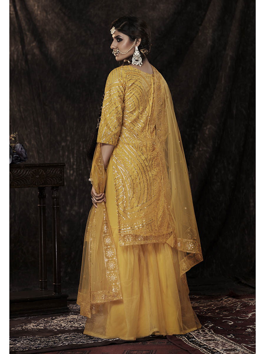 Myra Mustard Net Embroidered Sharara Suit | Grocsy