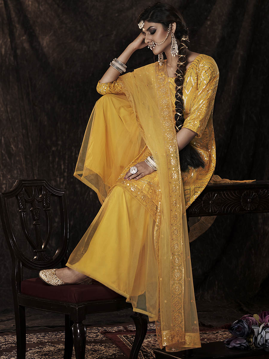 Myra Mustard Net Embroidered Sharara Suit | Grocsy