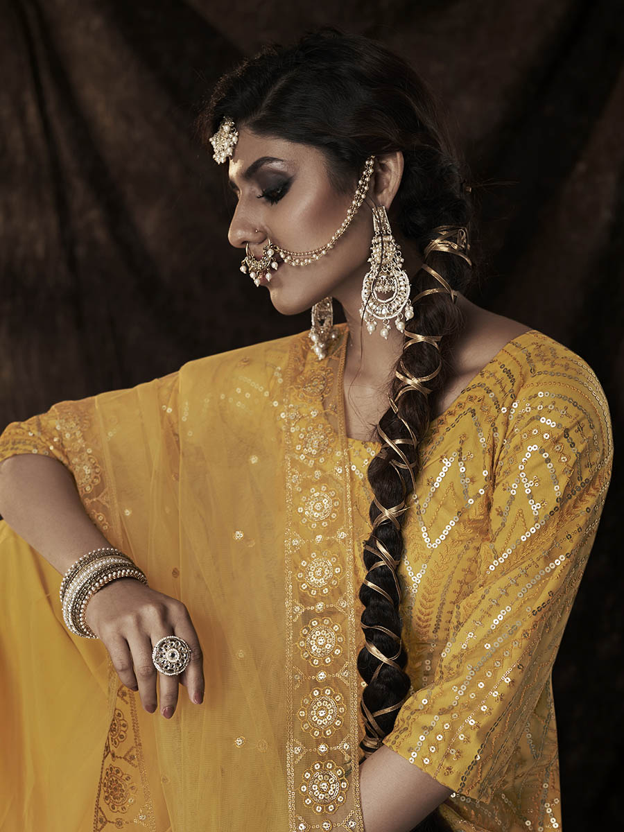 Myra Mustard Net Embroidered Sharara Suit | Grocsy