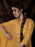 Myra Mustard Net Embroidered Sharara Suit | Grocsy