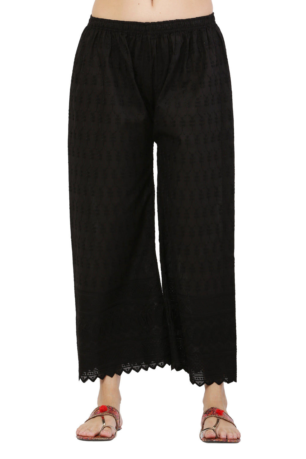 PAVONINE Black Color Half Schiffli Chikankari Cotton Fabric Palazzo For Women | Grocsy
