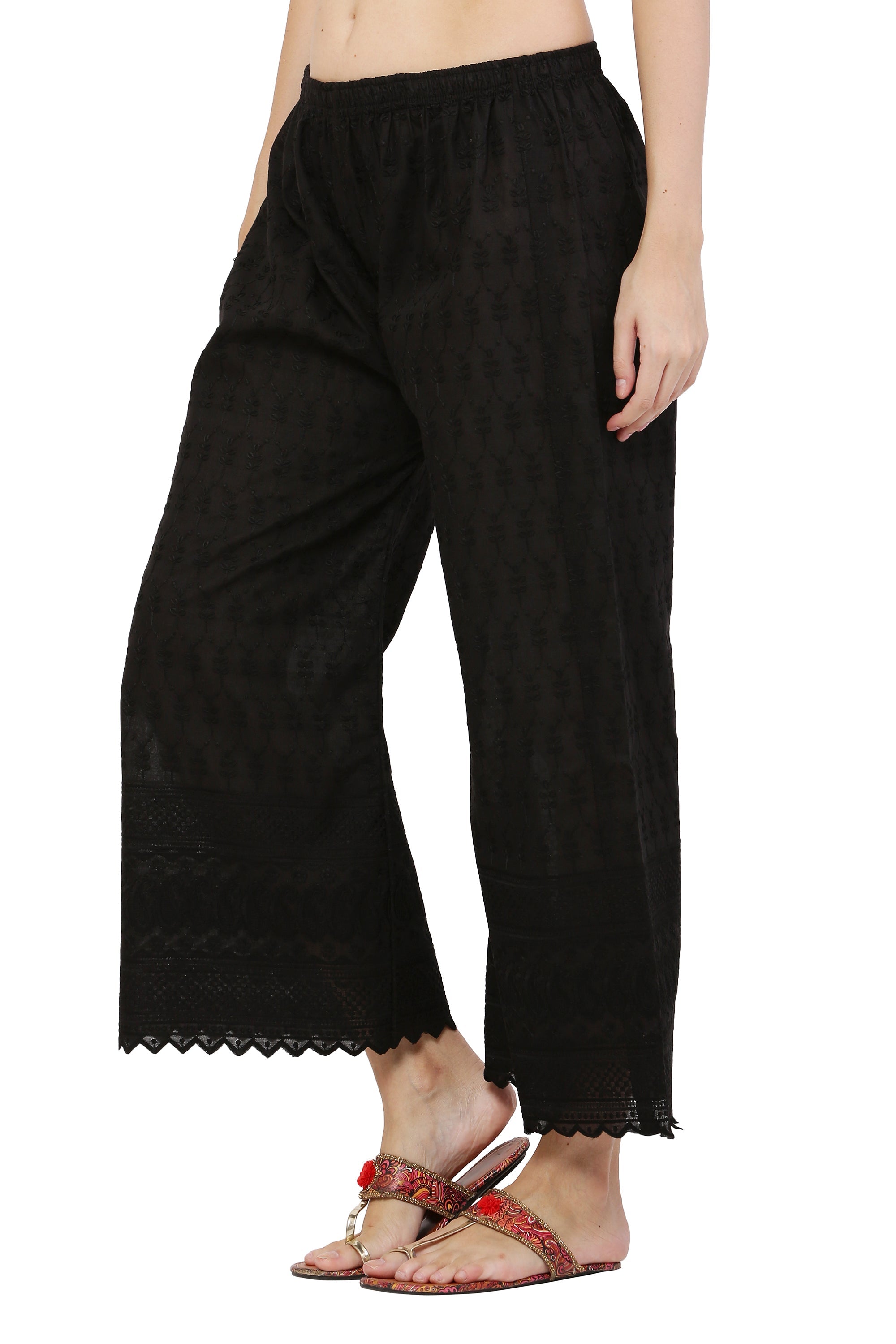 PAVONINE Black Color Half Schiffli Chikankari Cotton Fabric Palazzo For Women | Grocsy