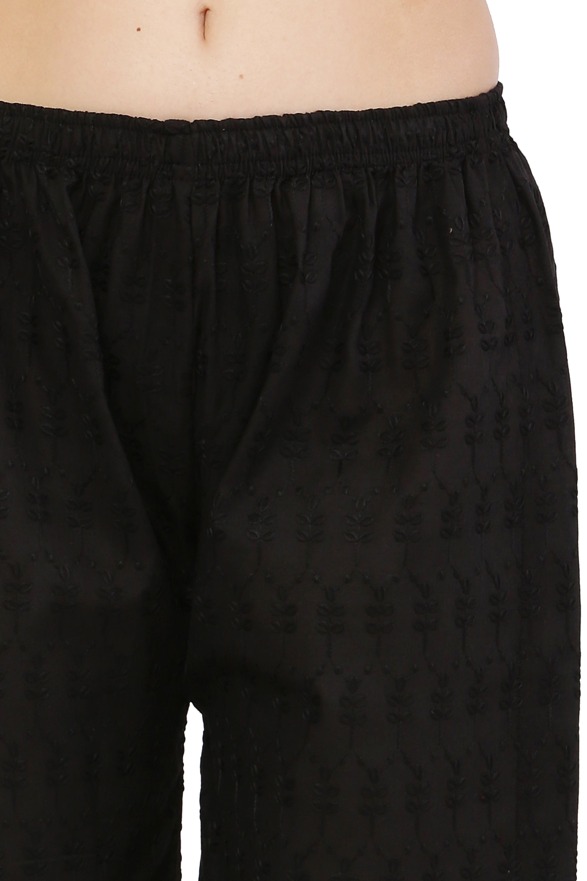 PAVONINE Black Color Half Schiffli Chikankari Cotton Fabric Palazzo For Women | Grocsy