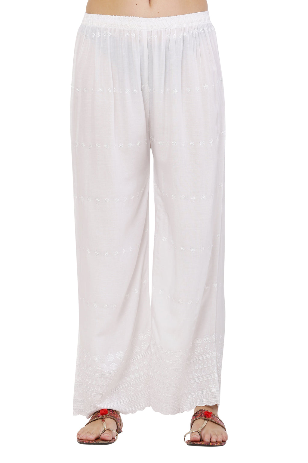 PAVONINE White Color Half Schiffli Chikankari Cotton Fabric Palazzo For Women | Grocsy