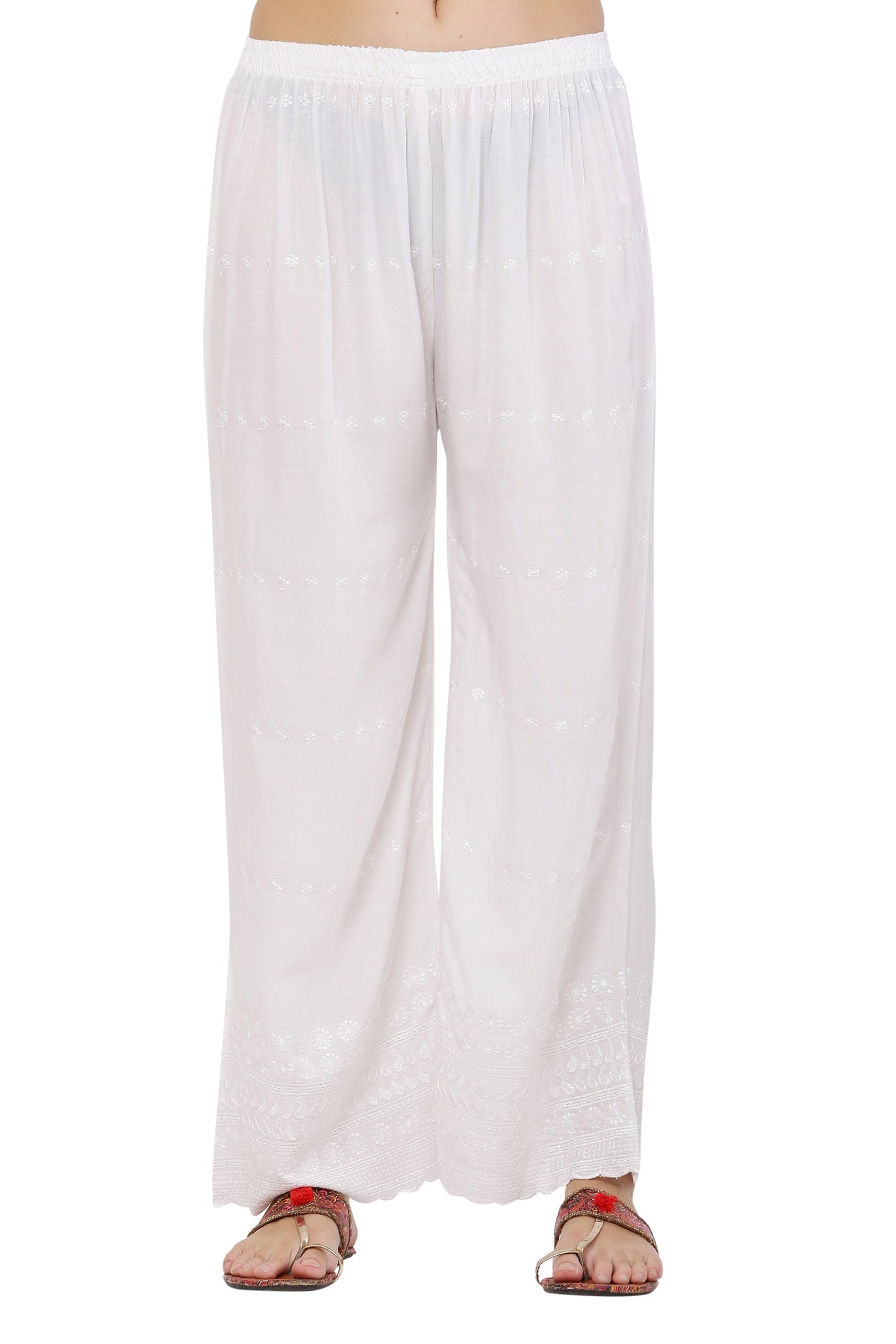 PAVONINE White Color Half Schiffli Chikankari Cotton Fabric Sharara For Women | Grocsy