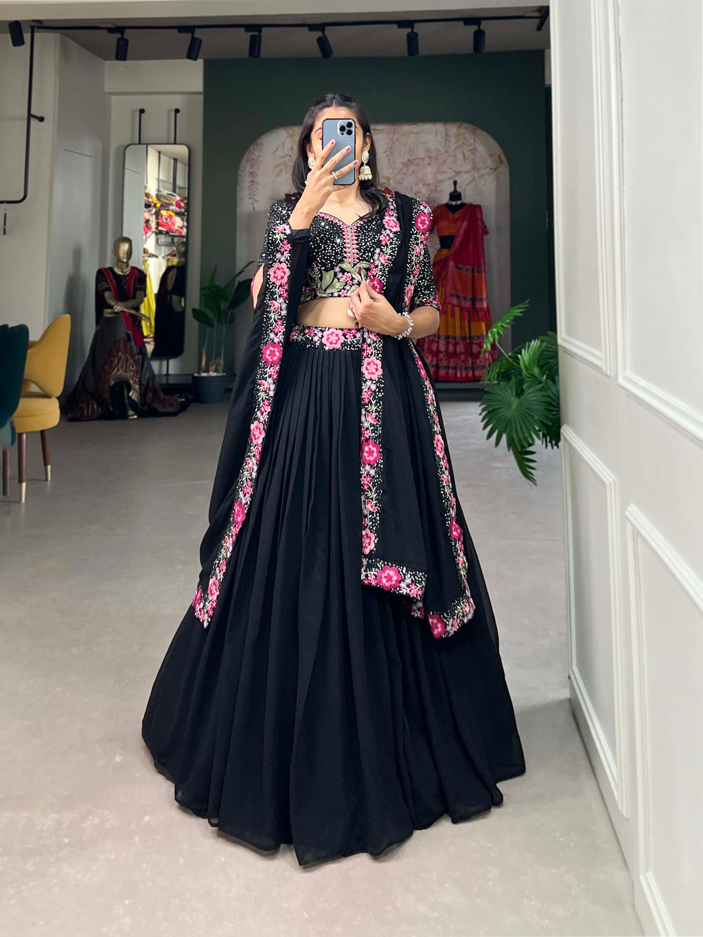 Lorenvalley Black Georgette Plain with Sequins and Thread Embroidery Work Belt Lehenga Choli with Dupatta | Grocsy
