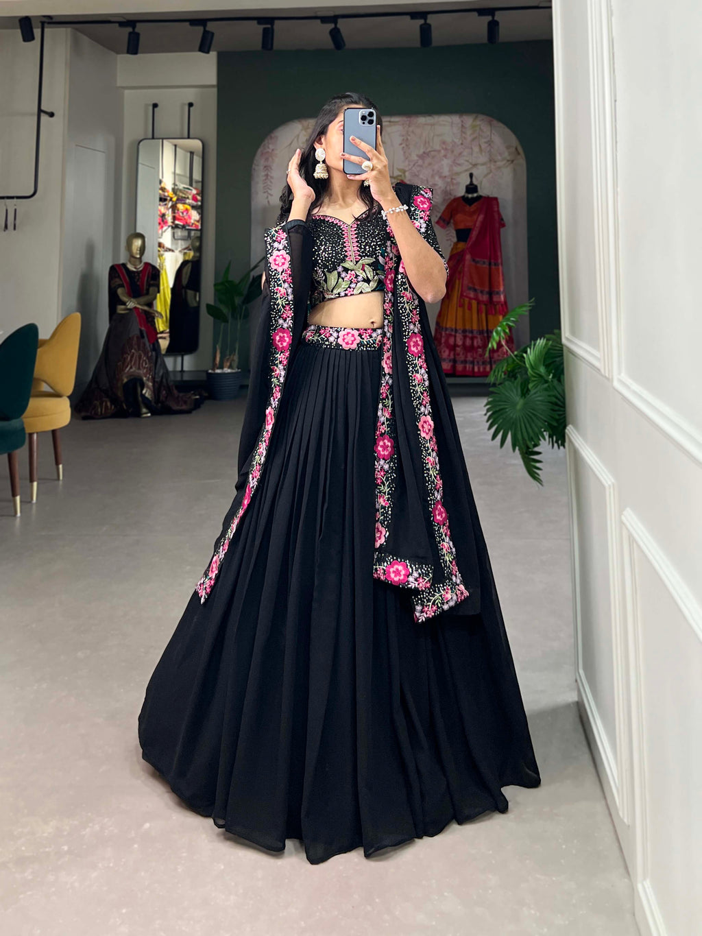 Lorenvalley Black Georgette Plain with Sequins and Thread Embroidery Work Belt Lehenga Choli with Dupatta | Grocsy