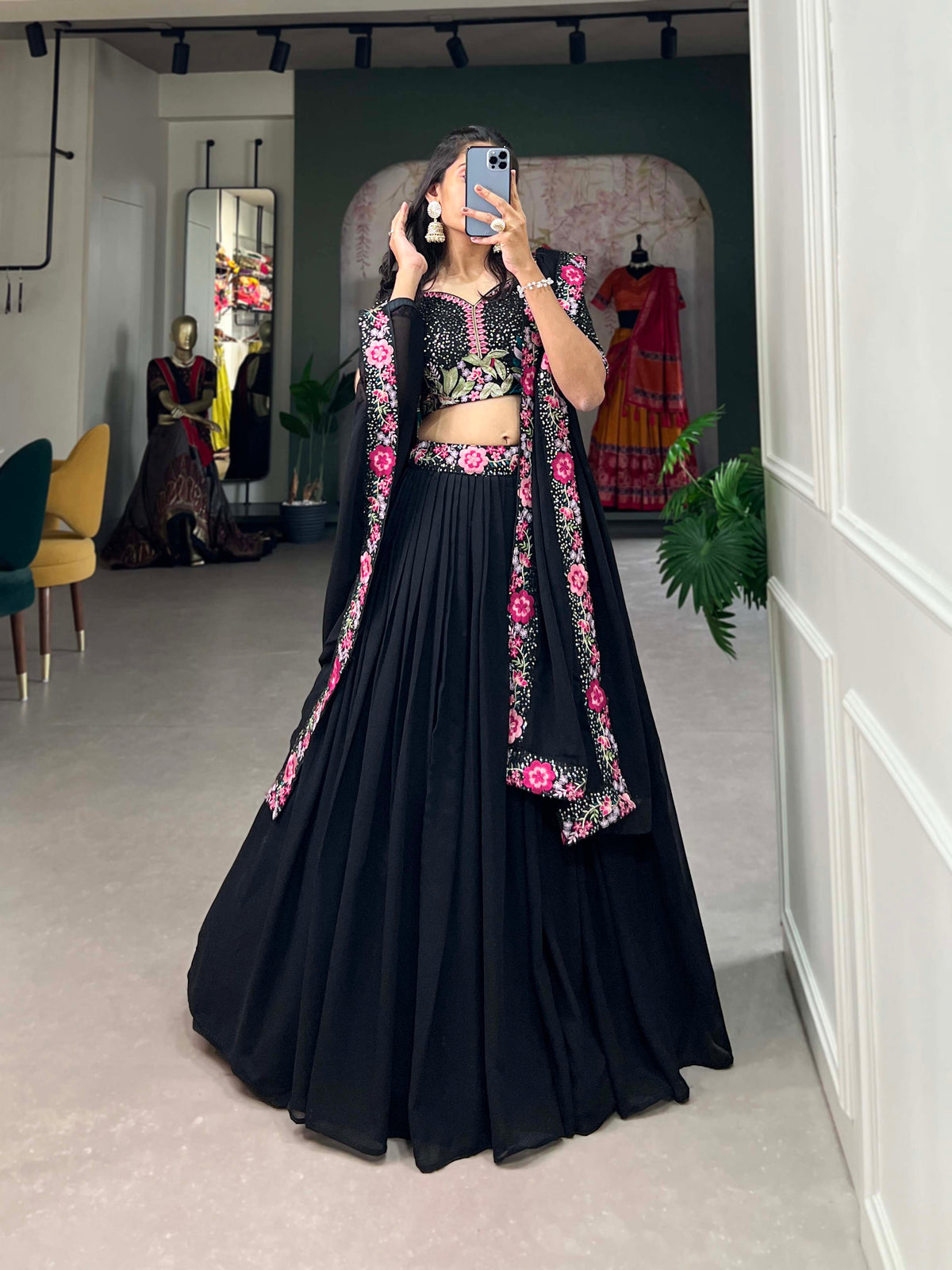 Lorenvalley Black Georgette Plain with Sequins and Thread Embroidery Work Belt Lehenga Choli with Dupatta | Grocsy