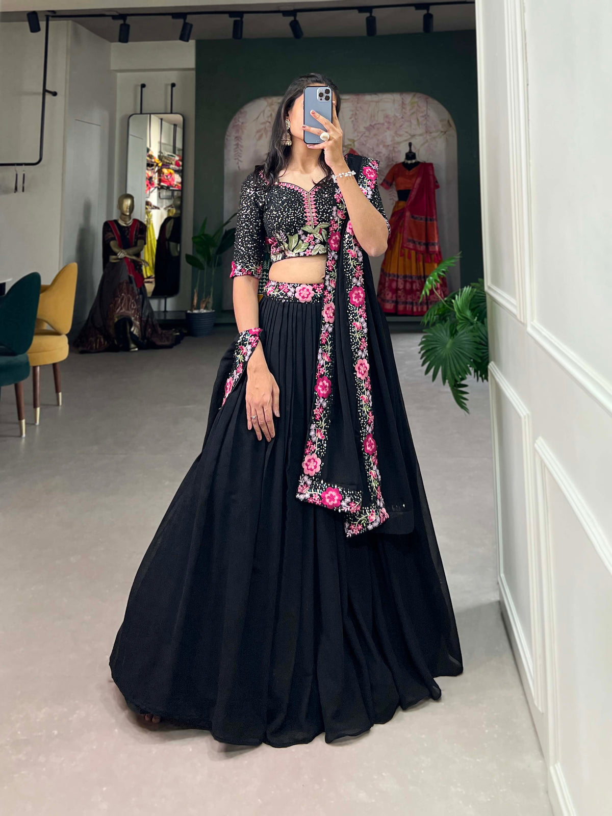 Lorenvalley Black Georgette Plain with Sequins and Thread Embroidery Work Belt Lehenga Choli with Dupatta | Grocsy