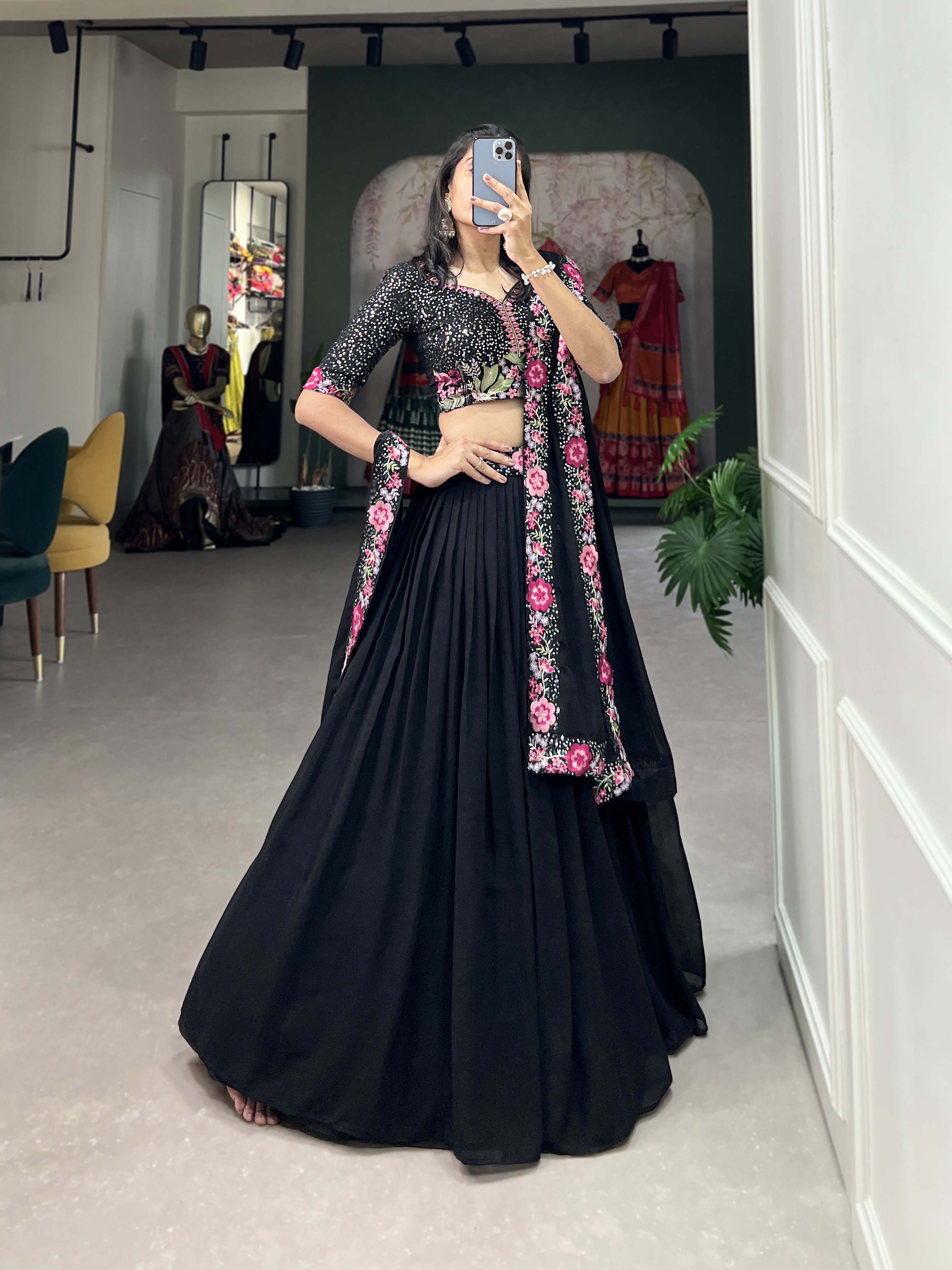 Lorenvalley Black Georgette Plain with Sequins and Thread Embroidery Work Belt Lehenga Choli with Dupatta | Grocsy