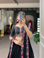Lorenvalley Black Georgette Plain with Sequins and Thread Embroidery Work Belt Lehenga Choli with Dupatta | Grocsy