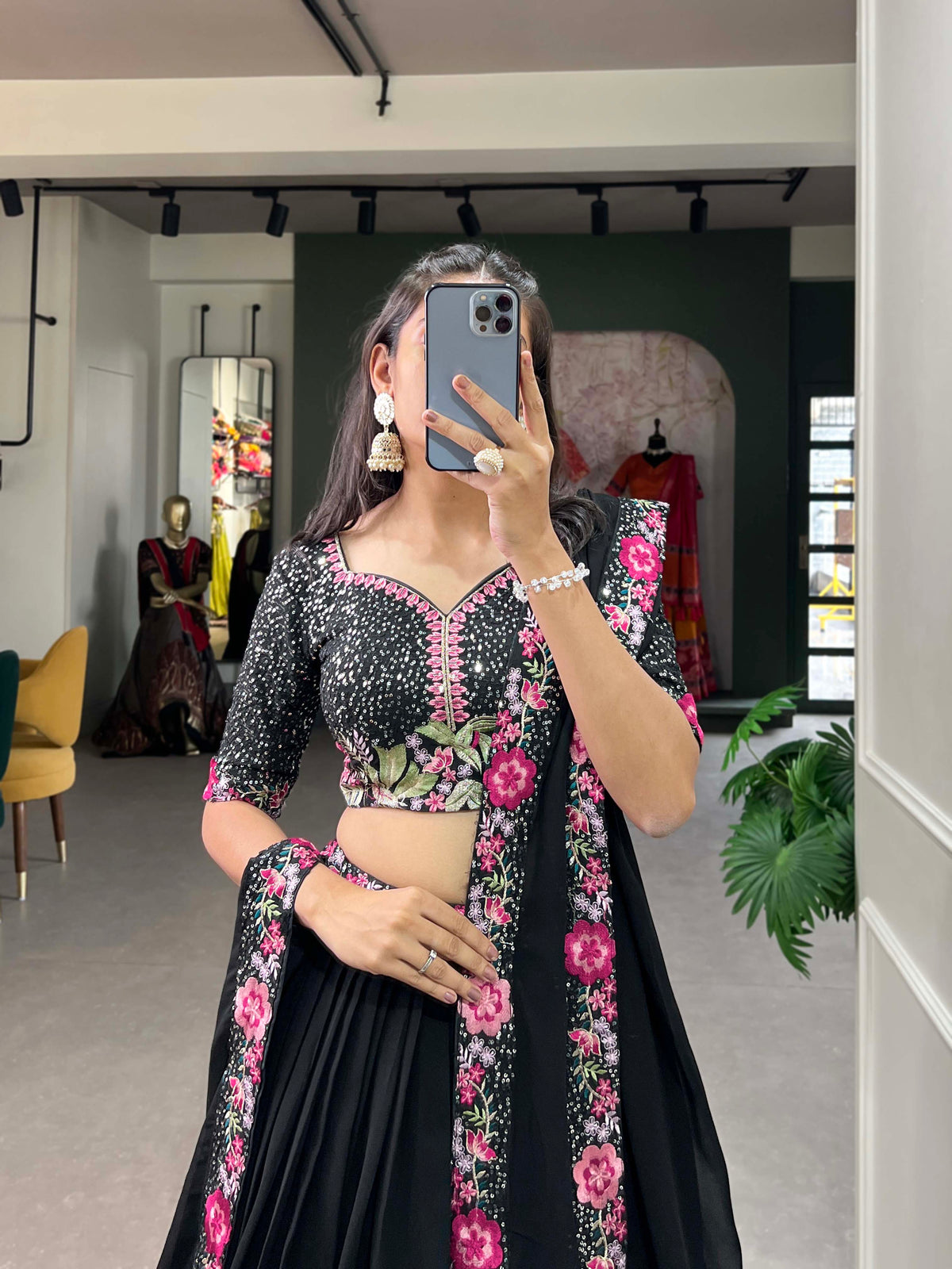 Lorenvalley Black Georgette Plain with Sequins and Thread Embroidery Work Belt Lehenga Choli with Dupatta | Grocsy