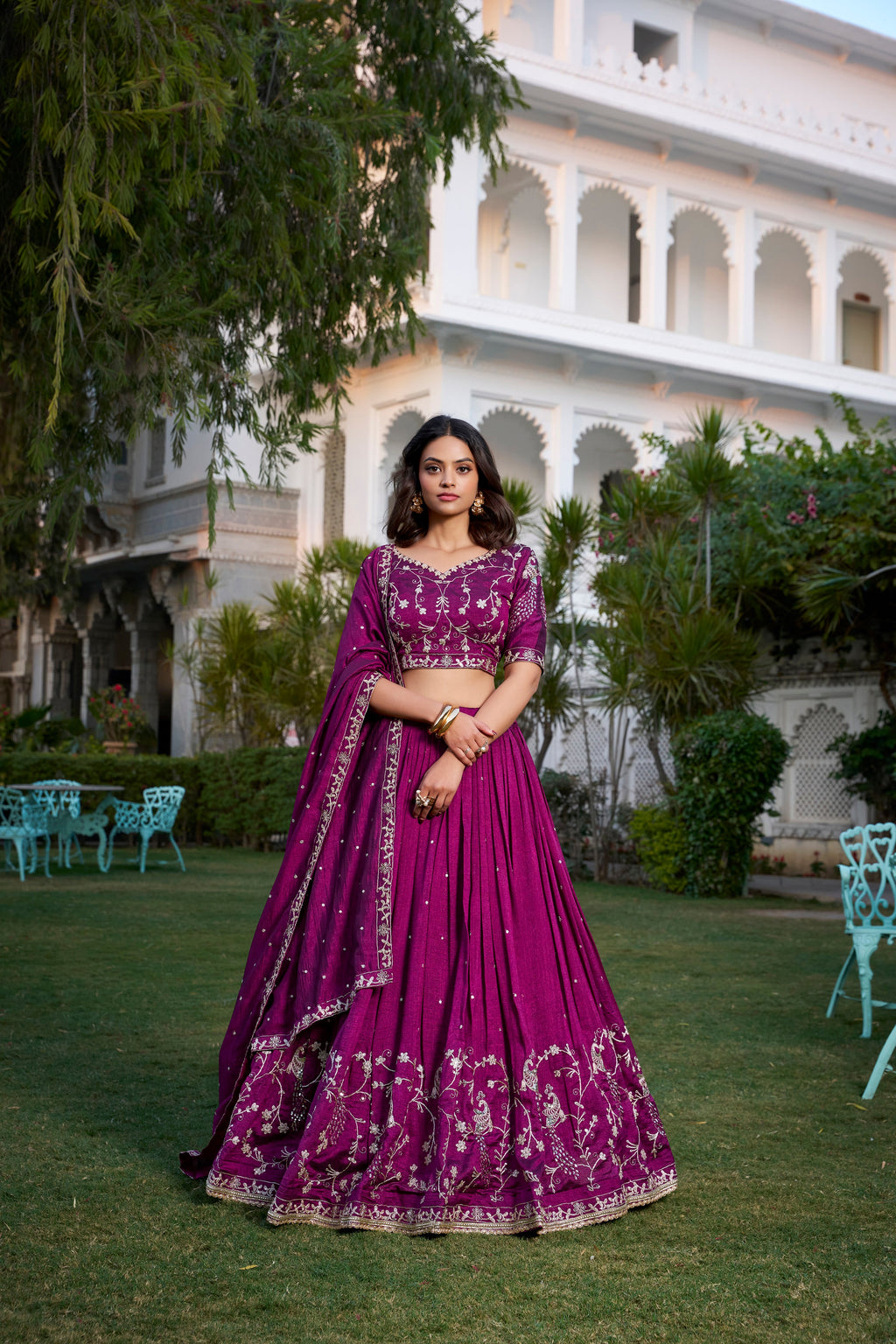 Lorenvalley Purple Vichitra Silk Sequins and Thread Embroidery Work With Lace Border Lehenga Choli | Grocsy