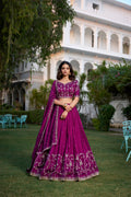 Lorenvalley Purple Vichitra Silk Sequins and Thread Embroidery Work With Lace Border Lehenga Choli | Grocsy